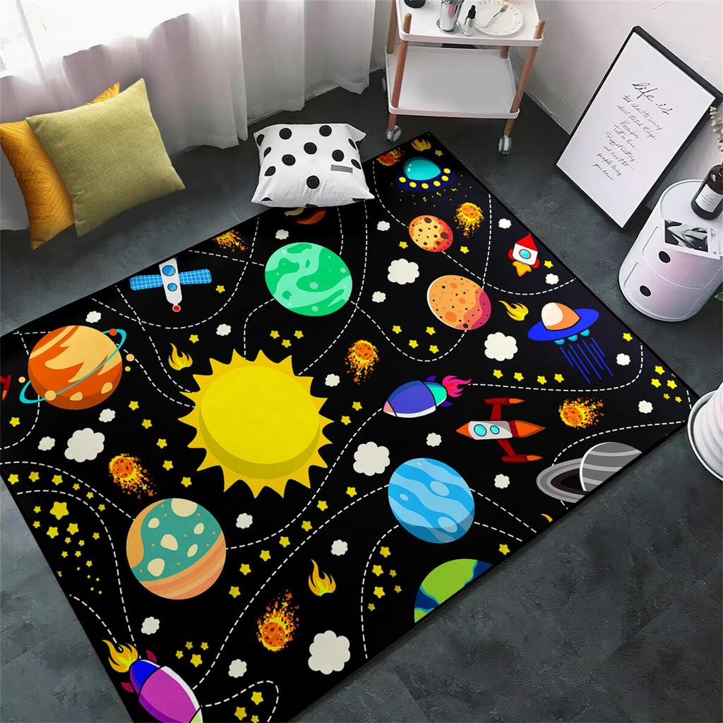 VIKAMA Solar System Planets Theme Rug Bedroom Educational Learning Mat Soft Non-Slip Indoor Area Children's Rug Home Decor