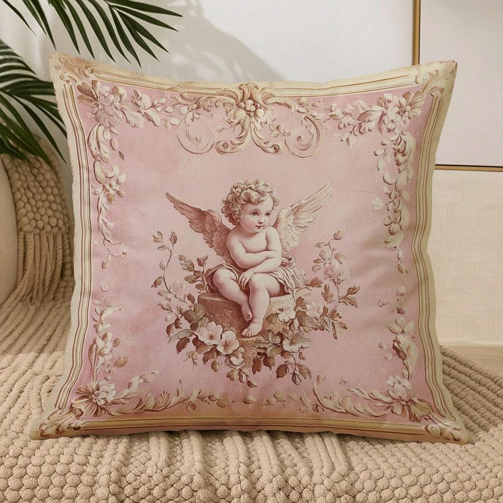 1 pièce Housse de Coussin Élégante Style Français Rose Ange Cupidon Aile d'Ange Imprimé Floral Fermeture Éclair Housse de Coussin Pastel de Luxe Pour Canapé-Lit Peach skin 18*18(CM)-1Pcs
