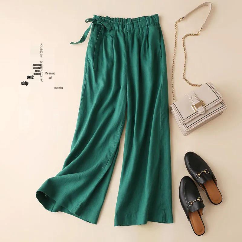 Women's High-Waist Cotton-Linen Wide-Leg Pants - Summer Casual Retro Style with Side Tie
