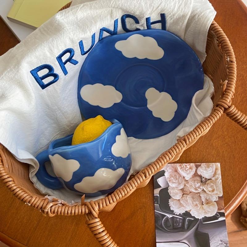 Reusable Ceramic Coffee Cup, Saucer Set with Blue Sky and White Cloud Design, Perfect for Breakfast and Afternoon Tea, Hand Wash Only