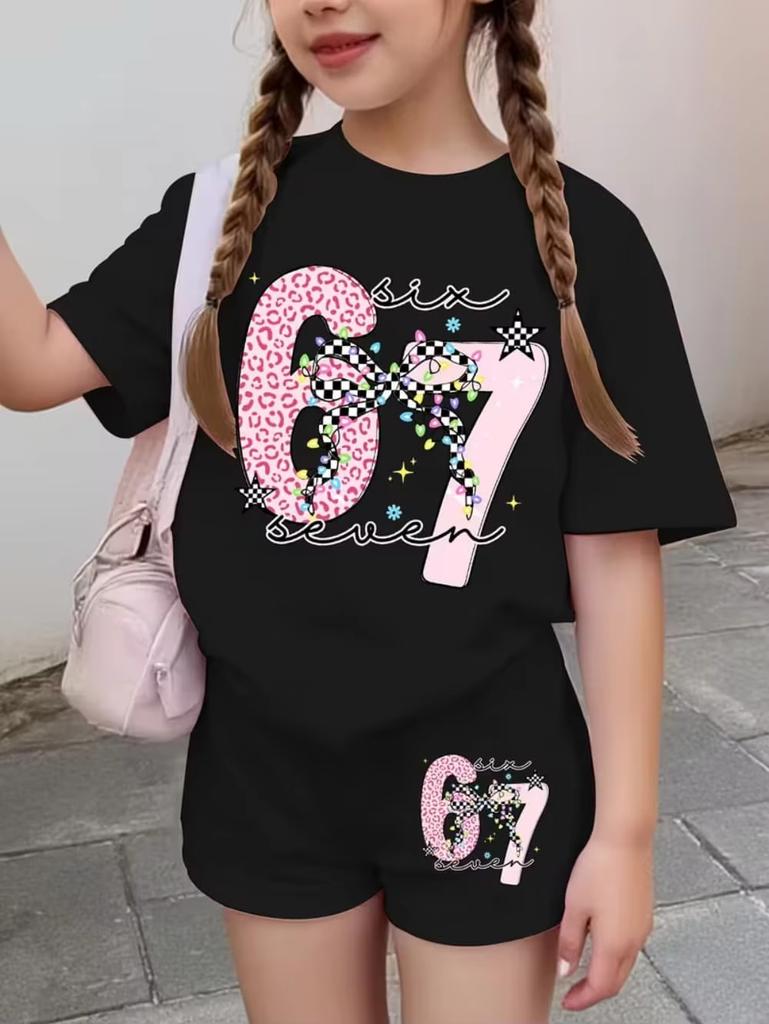 67 Six Seven Girls Clothes Cute Tie-Dye 3D Print Girls Short Sleeve T-Shirt Pants Set Casual Fashion Children's Clothes Tops