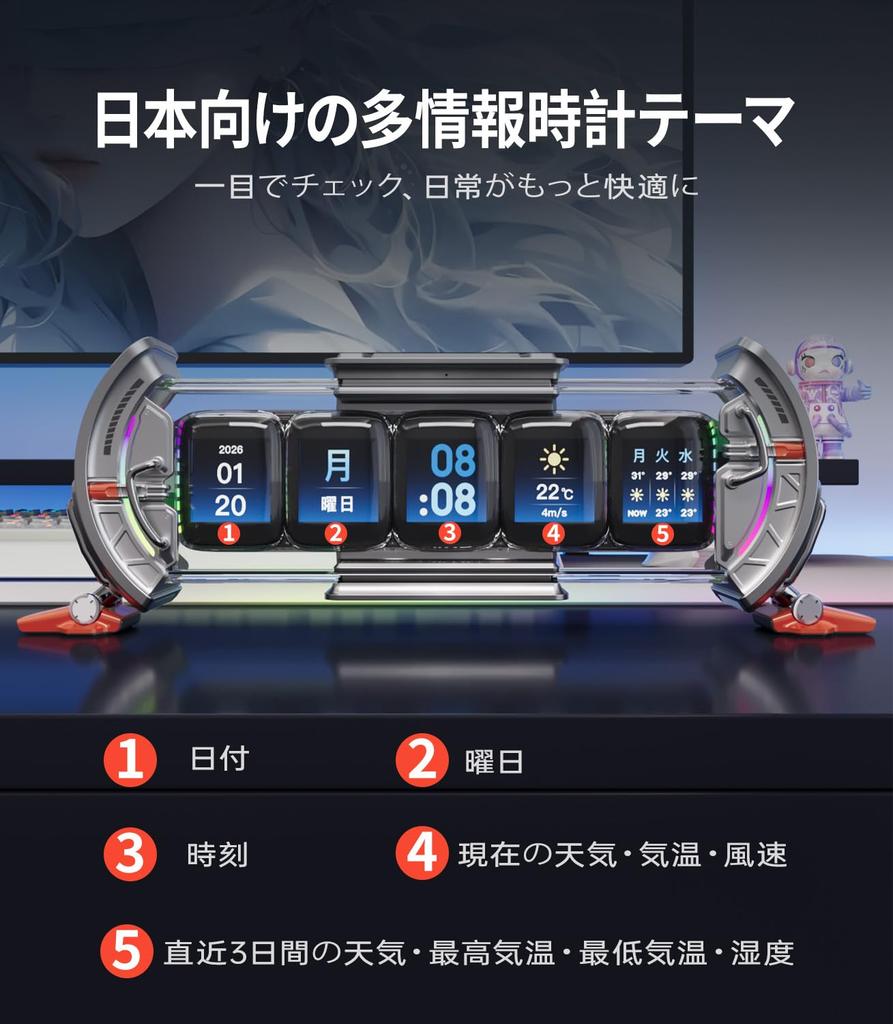 Divoom Times Gate 5-Way Digital Clock - Steampunk Style, Futuristic Gadget to Decorate Your PC Desk, RGB Lights [5 Screens for Customizable DIY: