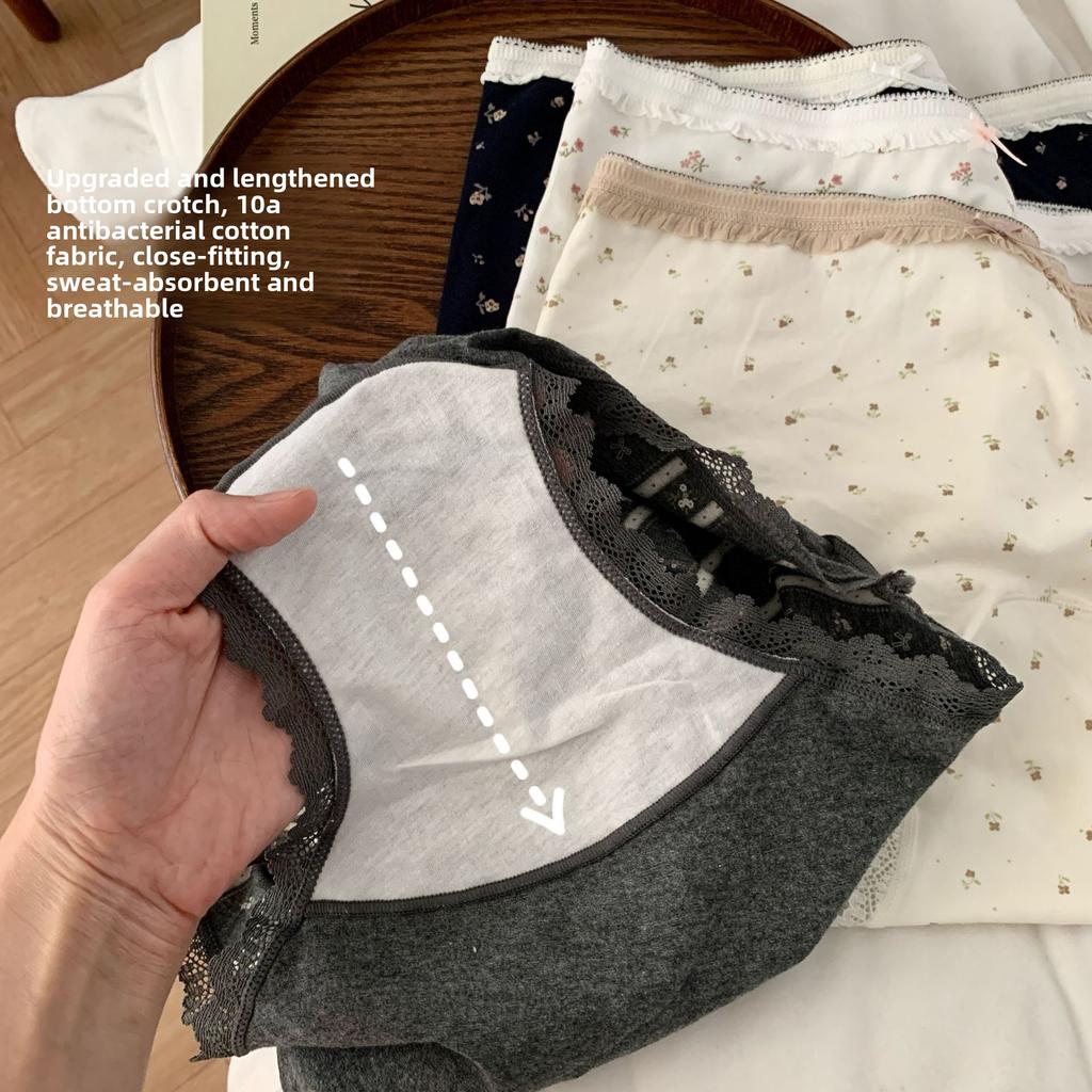 Female Spring and Autumn Pure Cotton Floral 10A Anti Bacterial Extended Crotch Hip Mid Waist Flat Angle Briefs
