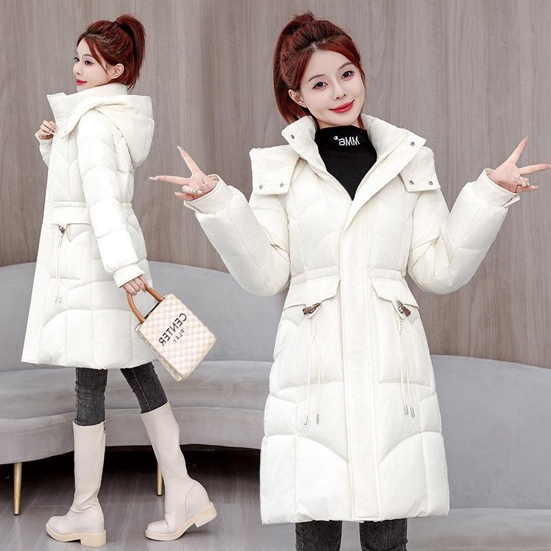 Fashion women's winter cotton-padded clothes, medium and long hooded waist cotton-padded jackets, temperament commuting versatile models