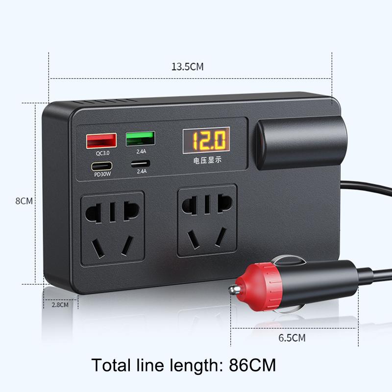 Auto-Wechselrichter 200W DC 12V/24V zu AC 220V Konverter Ein/Aus-Schalter QC 3.0 USB/PD/Type-C Ladegeräte Netzteil Spannungserkennung