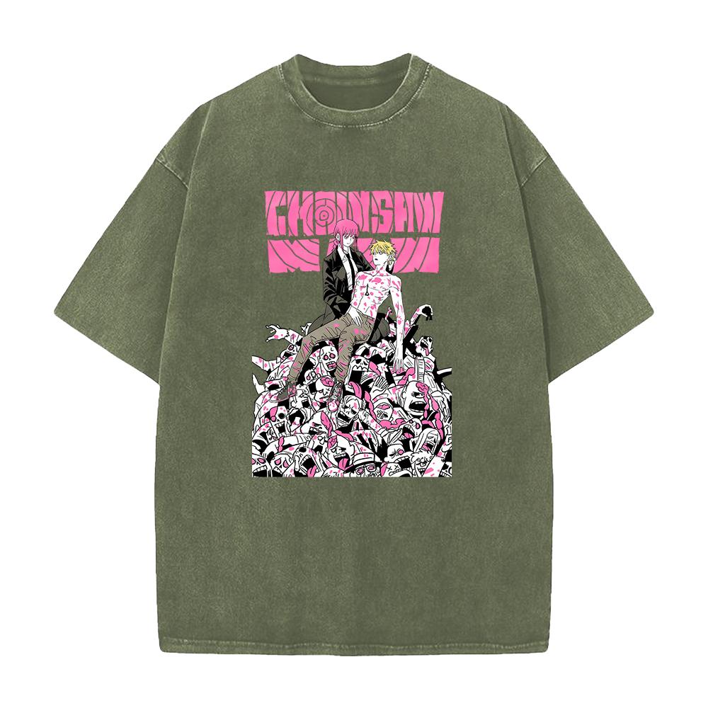 Anime Chainsaw Man Tshirt Denji Makima Print T Shirt Men Women Clothing Short Sleeve Cotton Tee Vintage Washed Oversized Tshirt