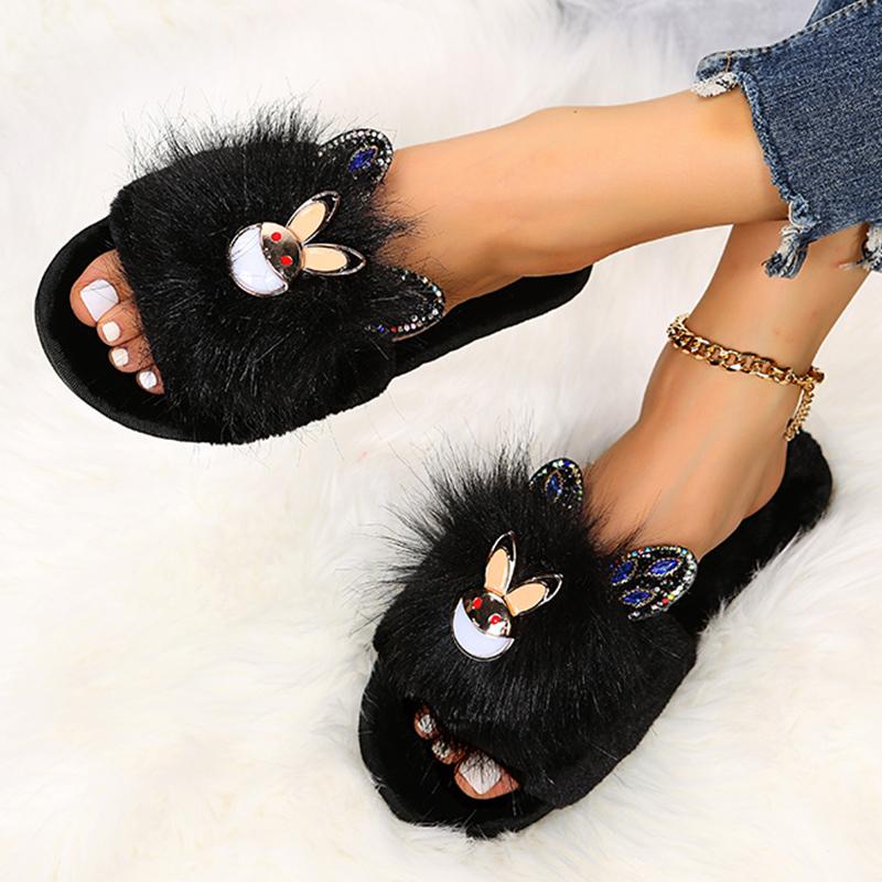 Fashion Cute Cartoon Animal Fur Slippers Women Open Toe Lightweight Plush Slippers Woman Winter Indoor Faux Fur Cotton Slides Ladies