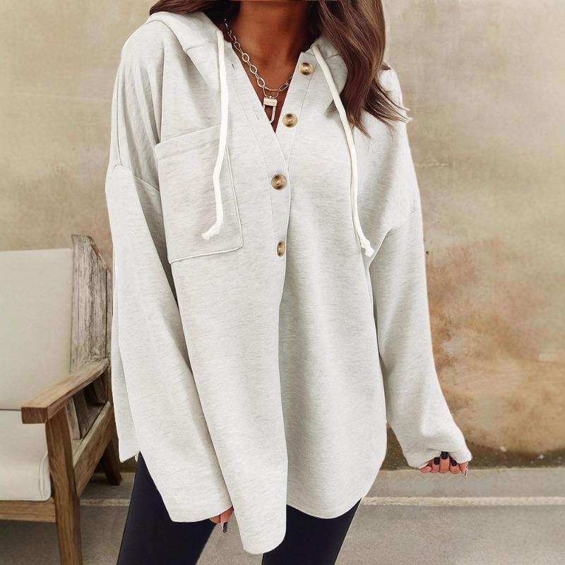 2025 Autumn and Winter New Fashion Women's Casual V-neck Hooded Long-sleeved Pullover Loose Solid Color Women's Sweatshirt