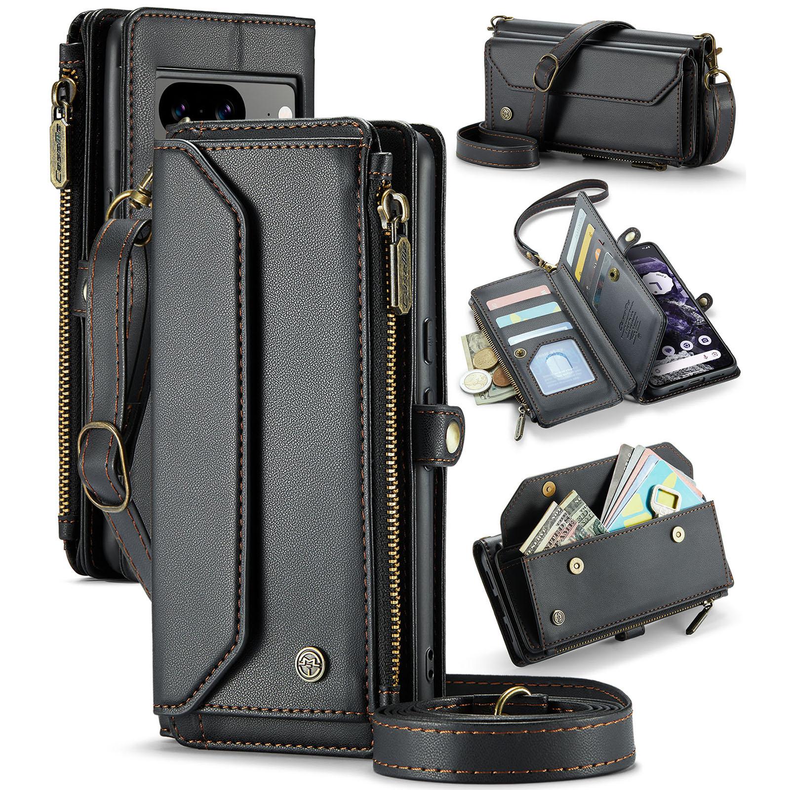 

For Google Pixel 8 Leather Case CASEME C36 Zipper Multiple Card Slots Phone Cover with Straps Black