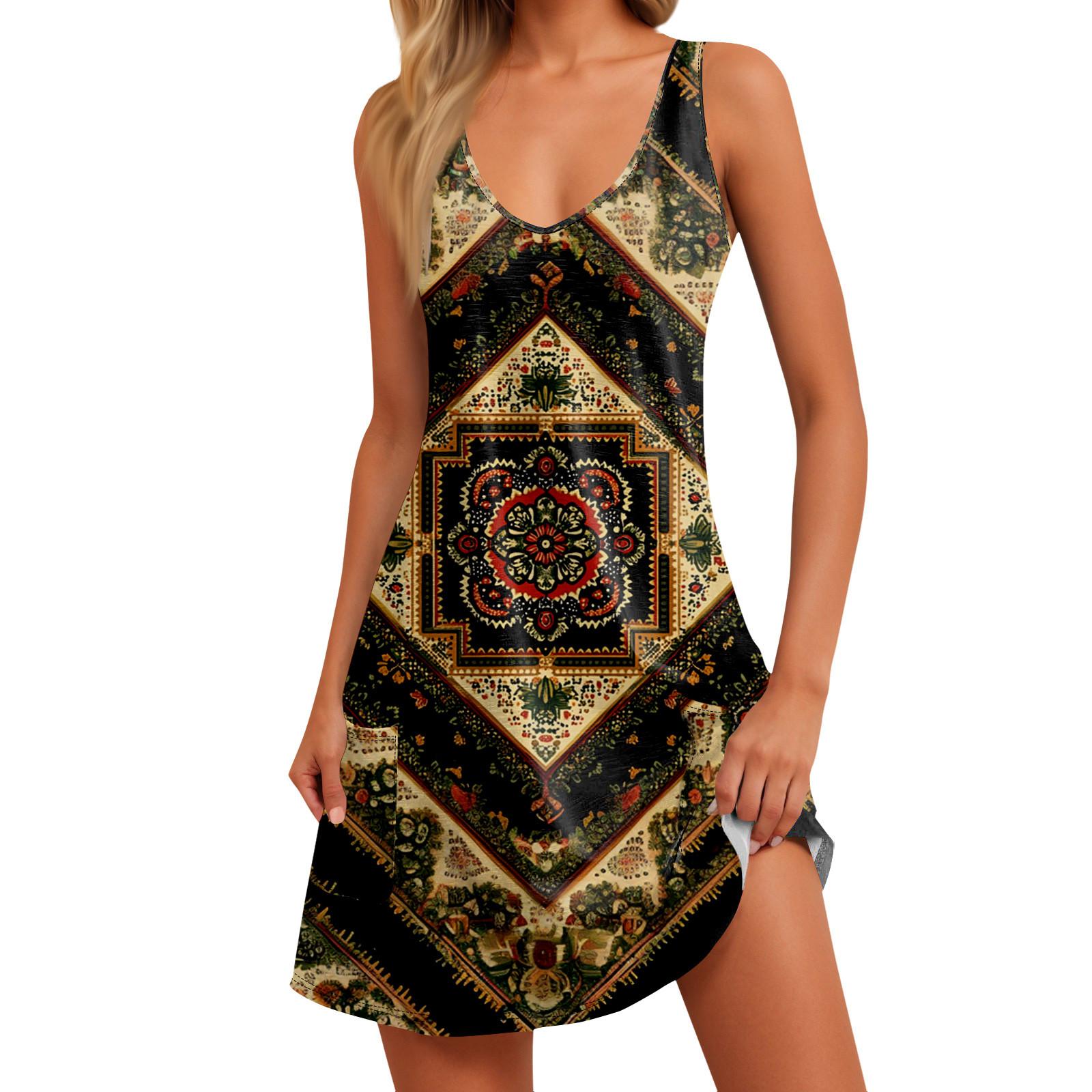 

Женское летнее повседневное платье-майка с принтом в стиле бохо и карманом XL светло-коричневого