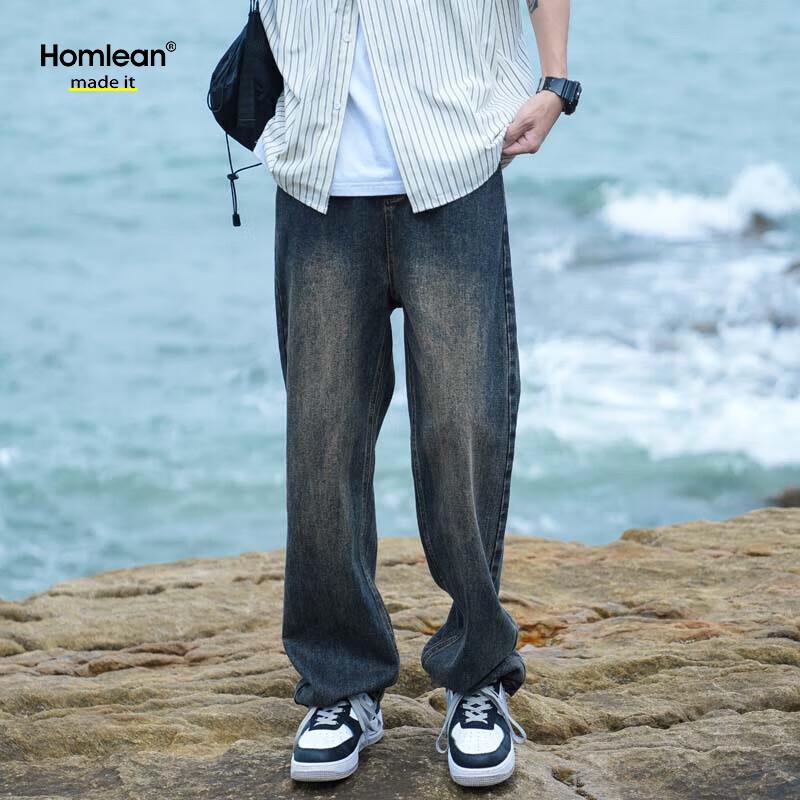 Homlean Men's Retro Washed Loose Straight-Leg Jeans