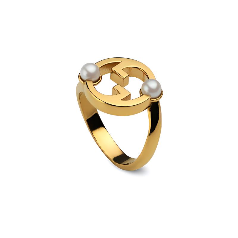 Gucci Hollow Design Fashion Jewelry Metal Crystal Resin Pearl Ring Unisex rings Gold 797405JCF27