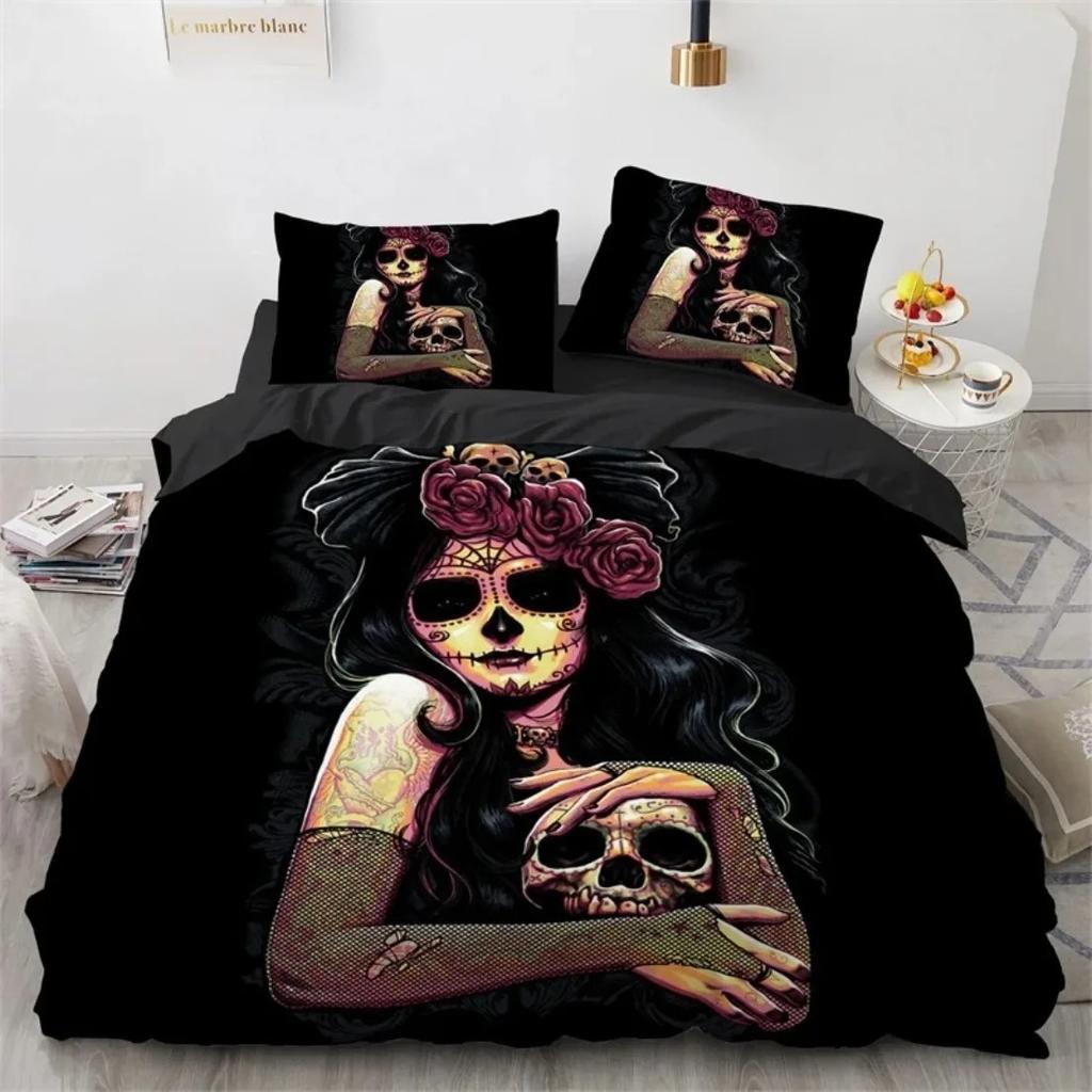 Skull Rose Skeleton Bedding Set,Skull Duvet Cover Set,Red Rose Skeleton King Queen Size Bedding Set