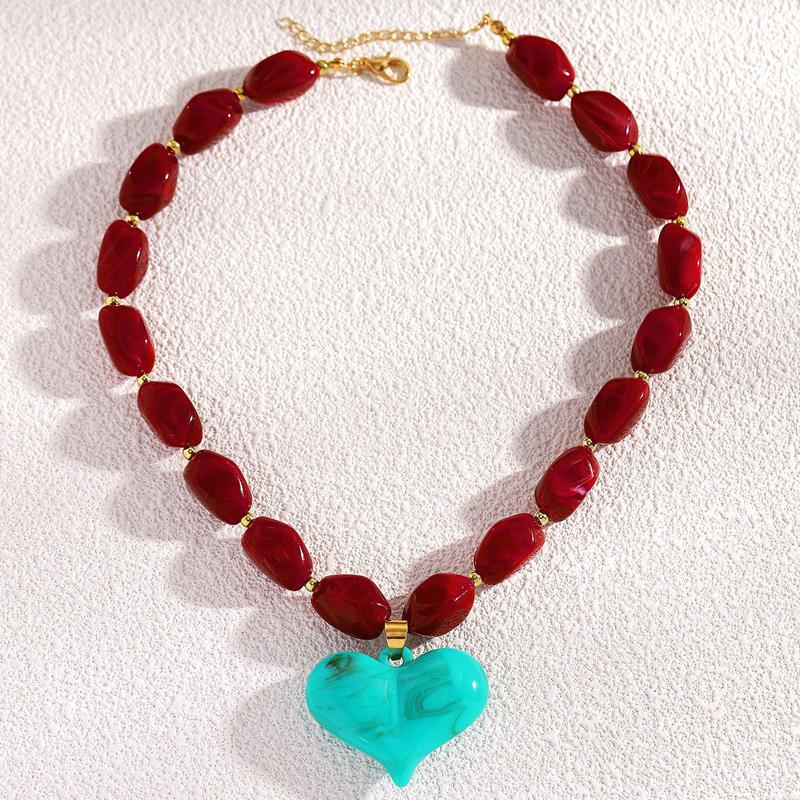 Exaggerated Colorful Resin Large Heart-Shaped Pendant Necklace for Women Vacation Style Irregular Beads Choker Necklaces Jewelry