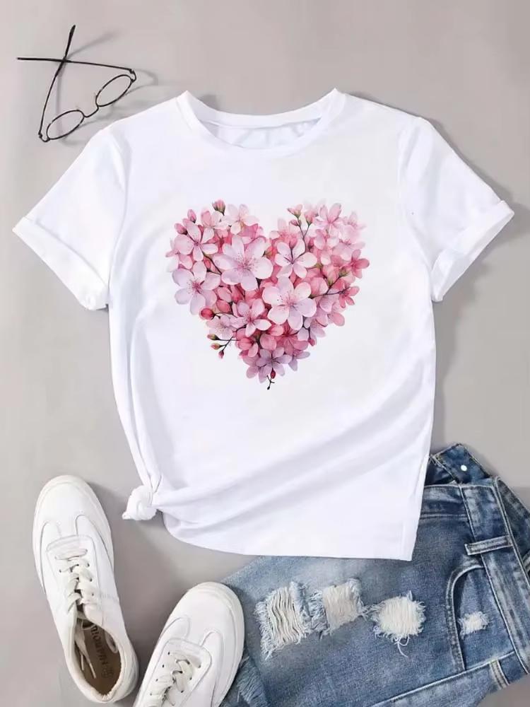 Unisex T-shirt z nadrukiem serca i kwiatów, letnia odzież unisex, okrągły dekolt, krótki rękaw, topy, koszulki, estetyczne ubrania
