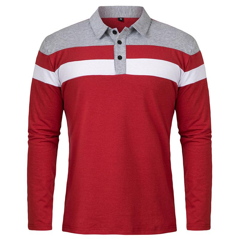 

Повседневные хлопковые рубашки-поло с длинными рукавами, мужская модная лоскутная эластичная тонкая рабочая рубашка-поло на пуговицах для гольфа, футболка с воротником, евро размер L красный