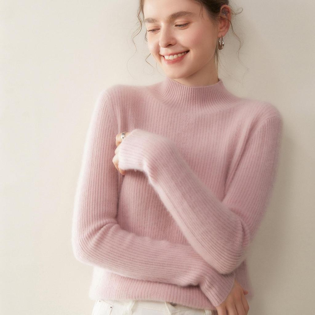 Damen Schlank Geschnittener Rippstrick Kaschmirpullover - Halber Rollkragen, Einfarbige, Perfekt für Herbst & Winter.