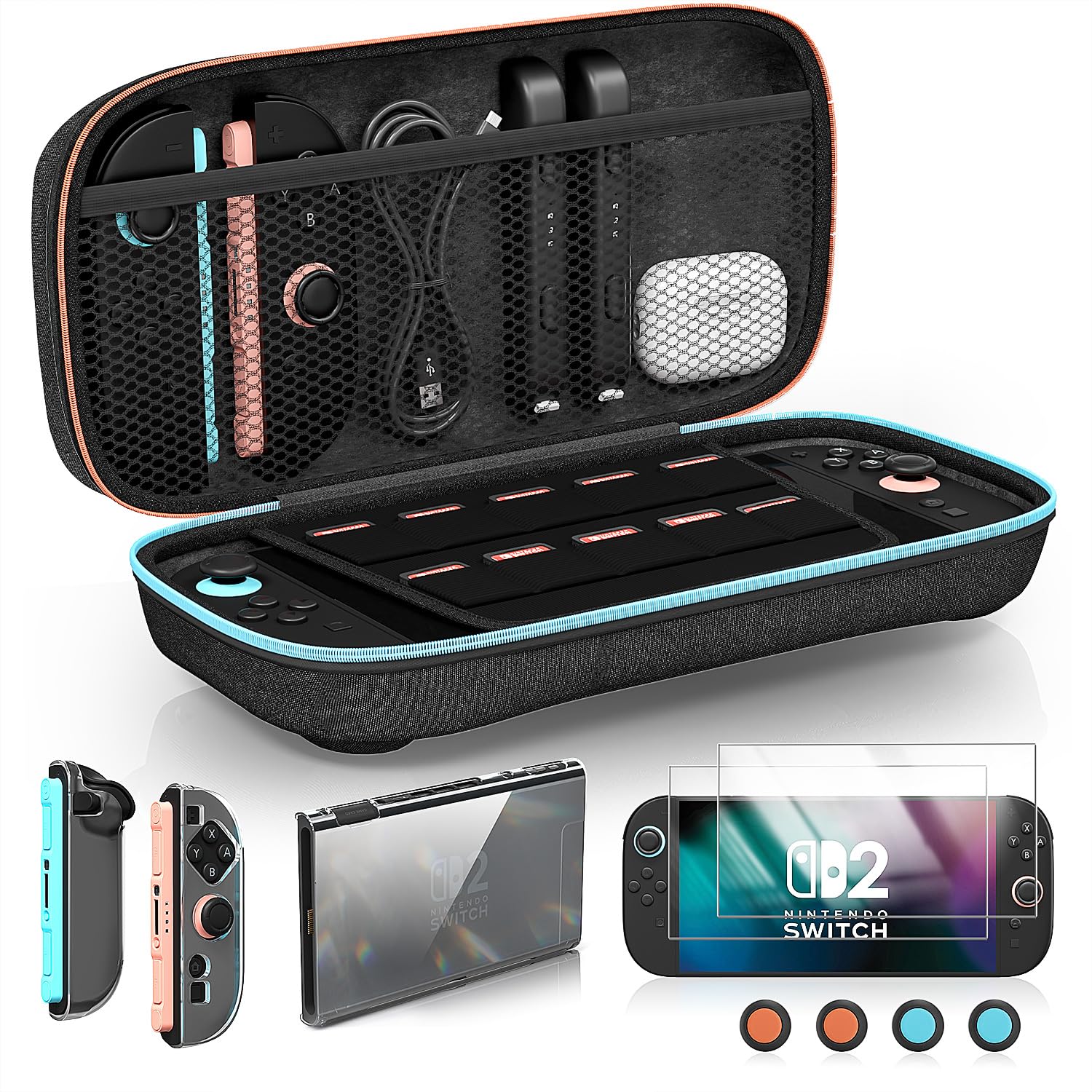 

Набор аксессуаров Kuject для хранения Switch, закаленное стекло для экрана, силиконовая защита и накладки на стики, большая вместимость для удобной переноски, 2 чехла, пленка, чёрный