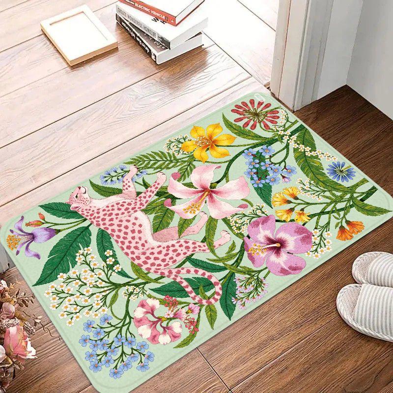 Tropical Pink Leopard Jungle Door Mat, Kitchen Absorbent Carpet, Entrance Non Slip Floor Mat, Home Decoration