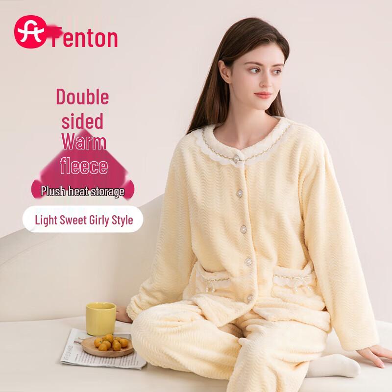 Fenteng Women s Korean Style Warm Fleece Cardigan Pajama Set XL