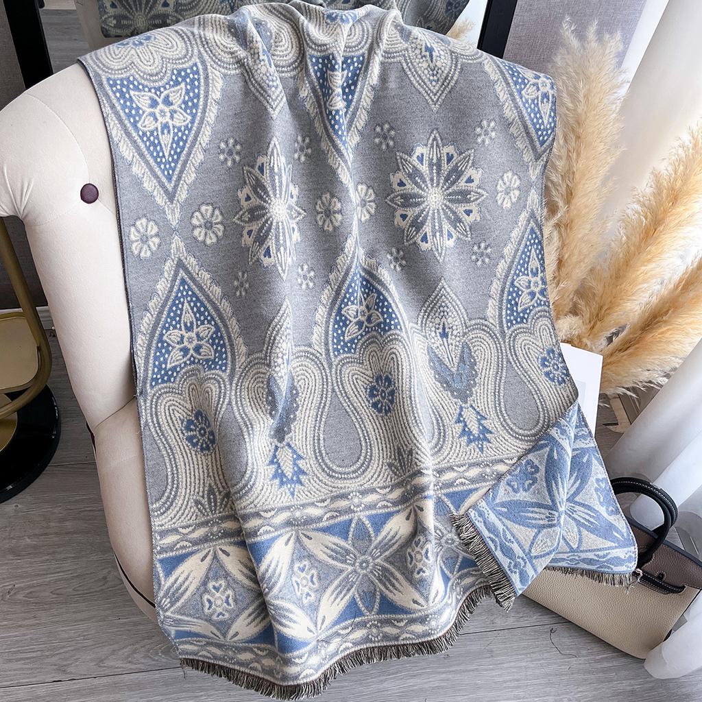 Women Two Sided Flower Print New Scarf Imitation Cashmere Soft Warm Pashmina Shawl Autumn Winter Coldproof Windproof Blanket