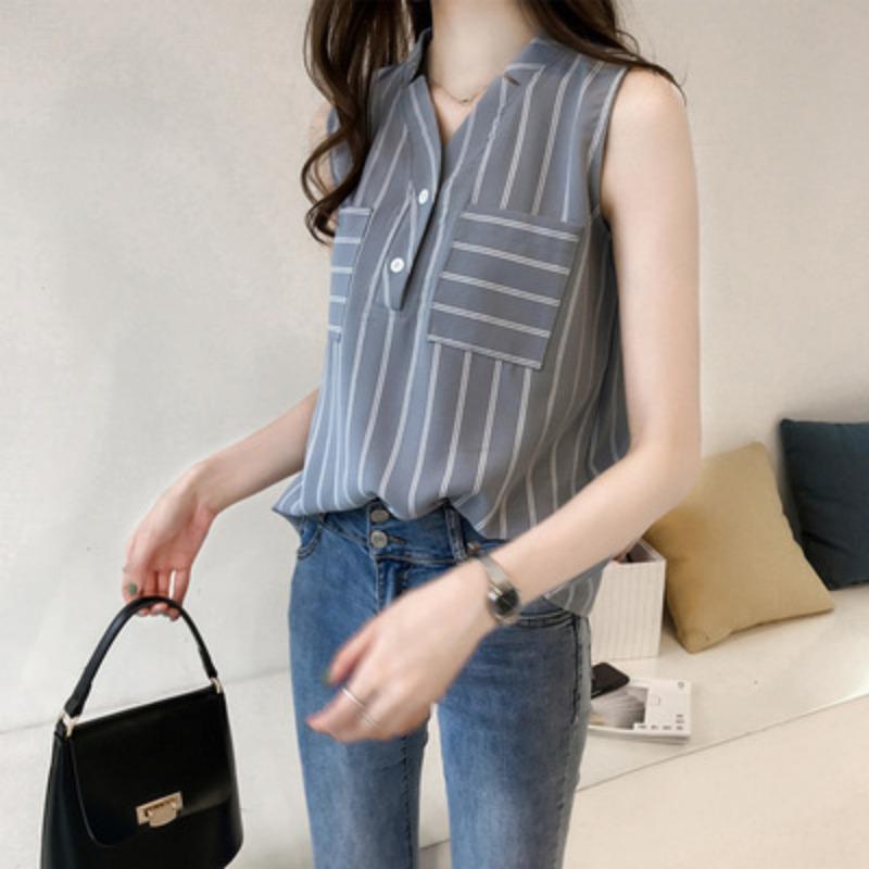 Big Size V-neck Striped Shirt Female Sleeveless Blouse Loose Thin Chiffon Lining Vintage Basic Office Casual Women Shirt Comfortable Women's Clothes