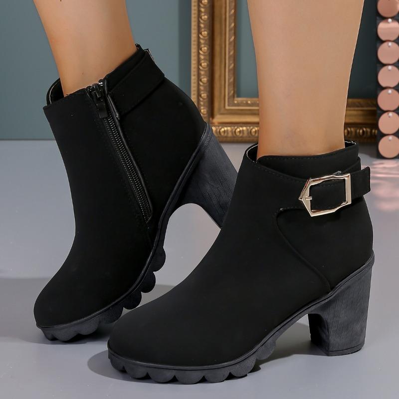 Large size boots women's autumn and winter round head belt buckle Martin boots side zipper thick heel high heel short boots