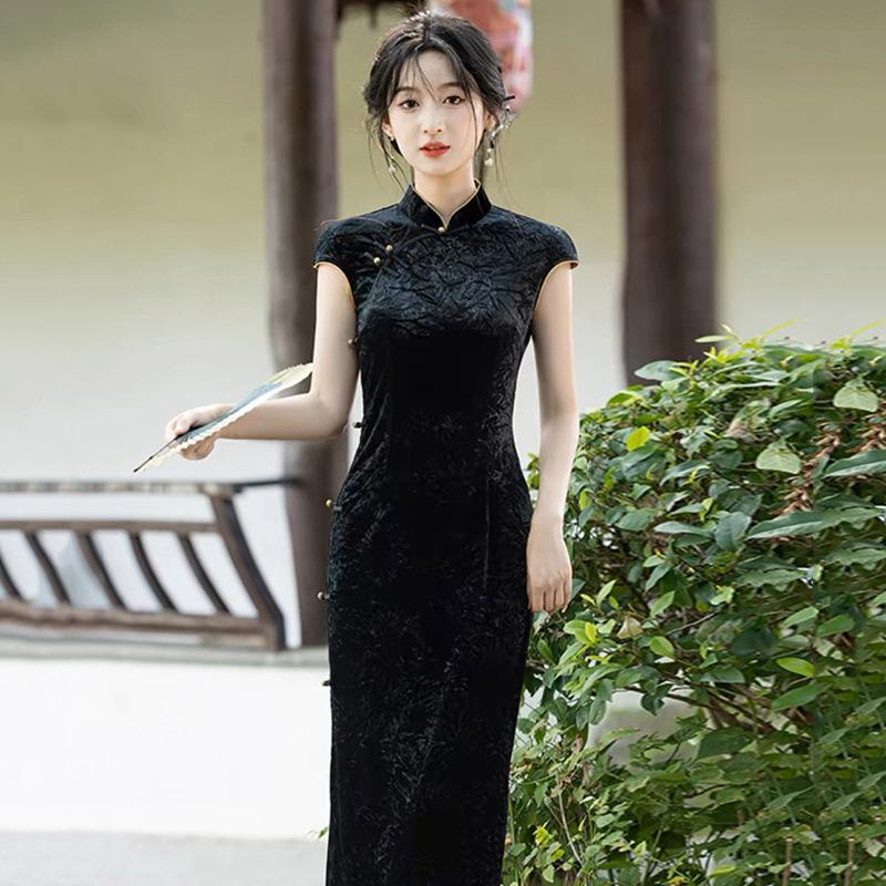 Black golden velvet national style new Chinese long cheongsam improved young women's high-end retro dress spring and summer
