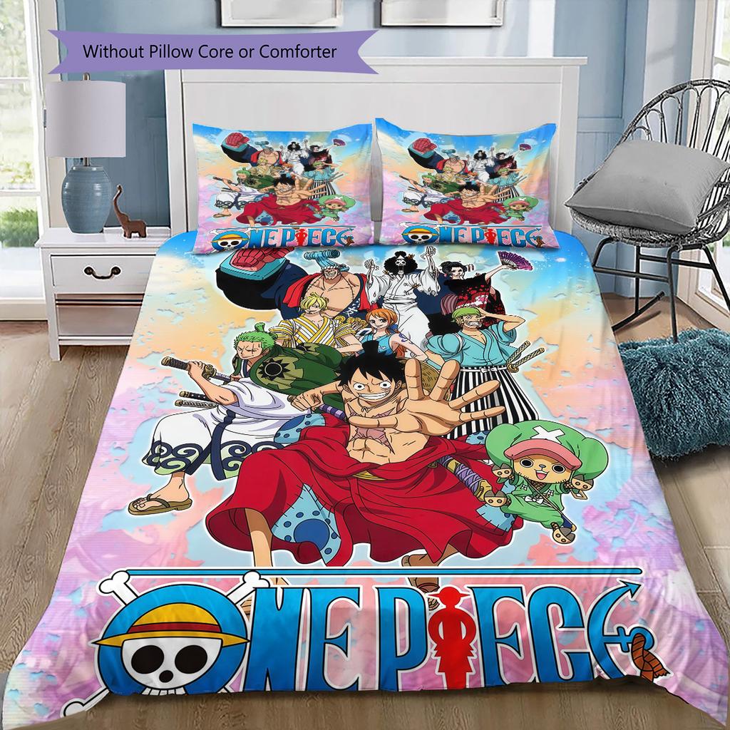 One Piece Straw Hat Crew Full Members 2 Bedding Set, 1 Duvet Cover & 2 Pillowcases, Suitable for Home Decor, Ideal Gift for Fans