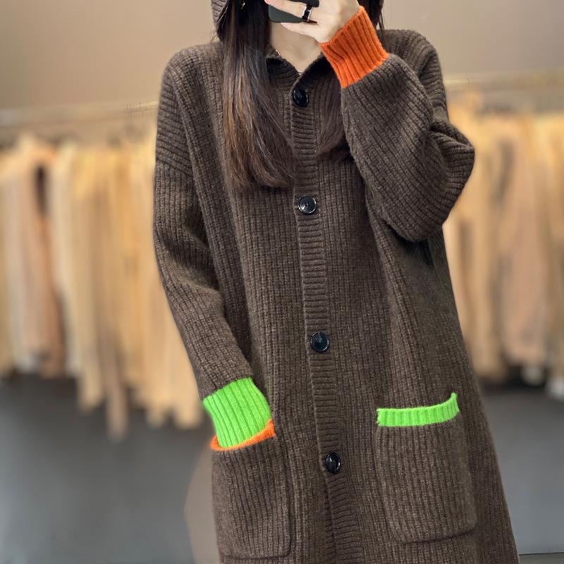 Cardigan di lana con cappuccio: Vestibilità Ampia, Lunghezza Medio-Lunga, Lavorazione Spessa per Autunno/Inverno, Maglione da Donna Stile Coreano