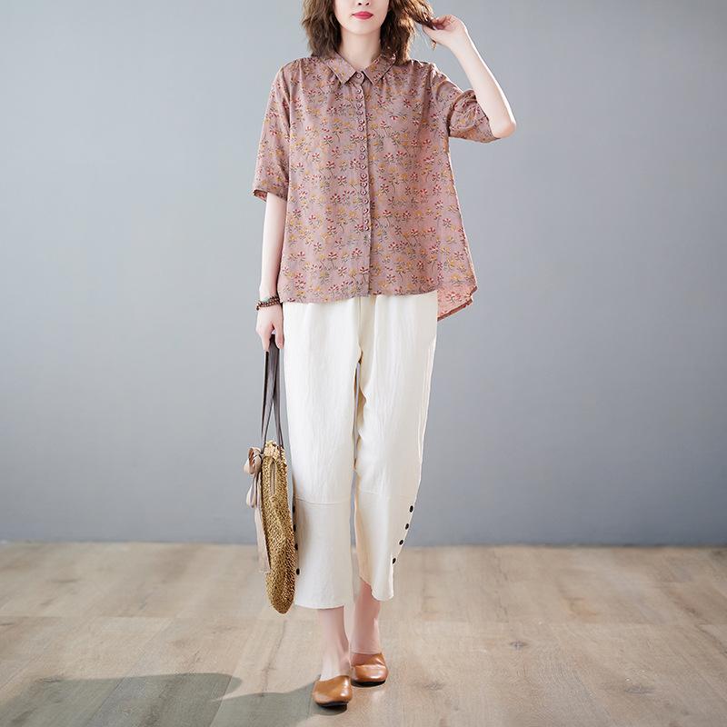 Women's Summer Print Set Casual Collar Shirt+pants Cover Two-piece Set