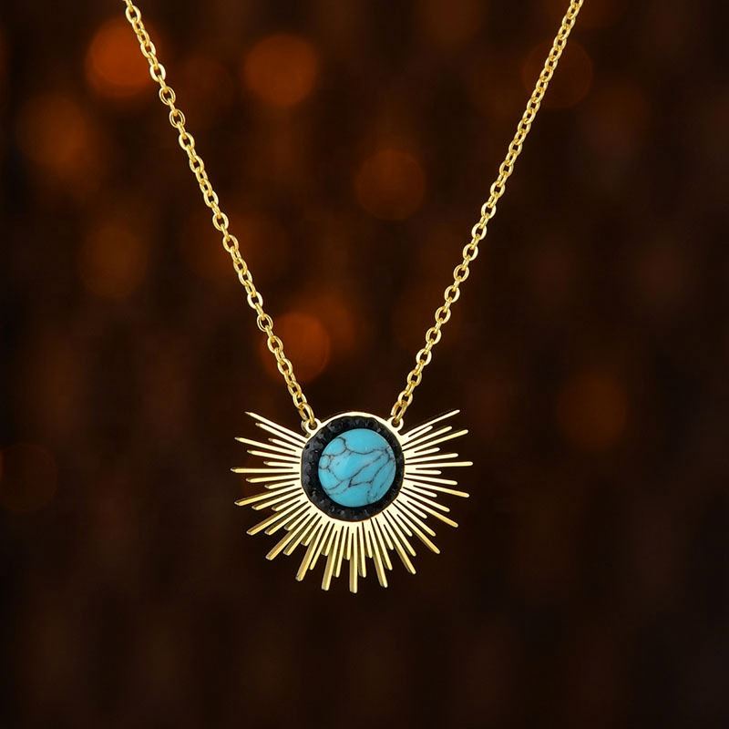 Luxury Non Tarnish Stainless Steel 14k Gold Fashion Light Luxury Sunflower Turquoise Pendant Necklace Women Spot