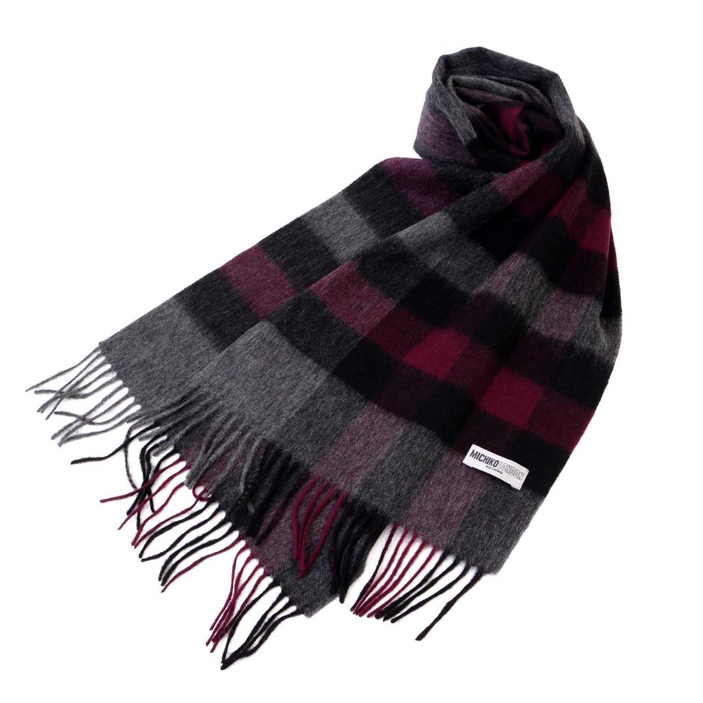 MICHIKO LONDON Brand Wool Scarf, Unisex, Warm Winter Muffler, Block Check (Pattern D Wine/Gray)