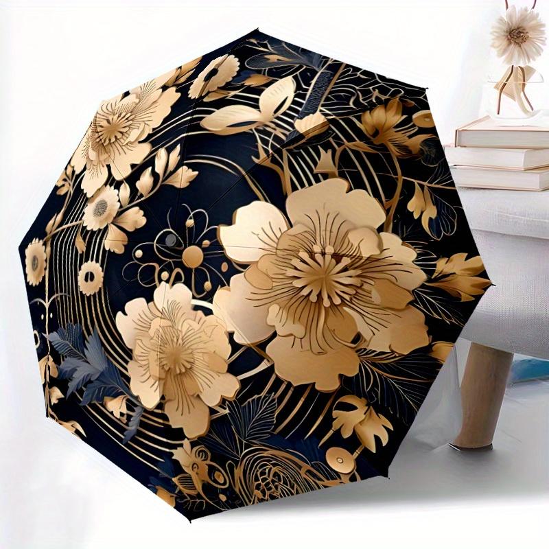 1pc Floral Ornament Automatic Open/close Folding Compact Umbrella, 8-Rib Sturdy Canopy, Lightweight Portable, Everyday Use, Gift, Outdoor Umbrella, Tr