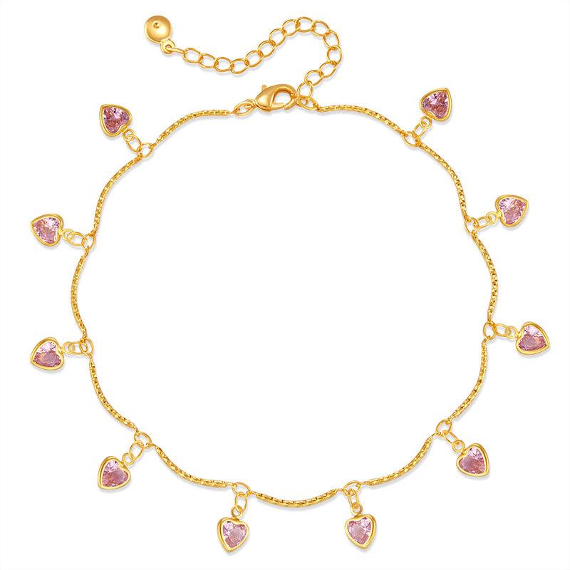 Gold Plated Pink Heart CZ Charm Anklet With Extension Chain фиолетовый
