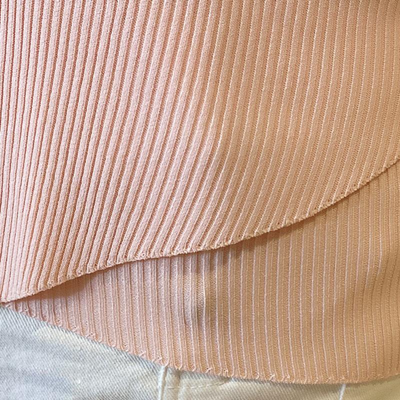 Women Summer V-Neck Ice Silk Knitted Thin Sweater Shirt Top Short Sleeve Slim Irregular Bottoming Button Solid Color