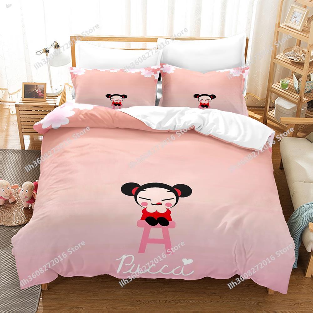 Kawaii Pucca Bedding Set Single Twin Full Queen King Size Bed Set Adult Kid Bedroom Duvetcover Sets 3D Print Anime Bed Sheet Set