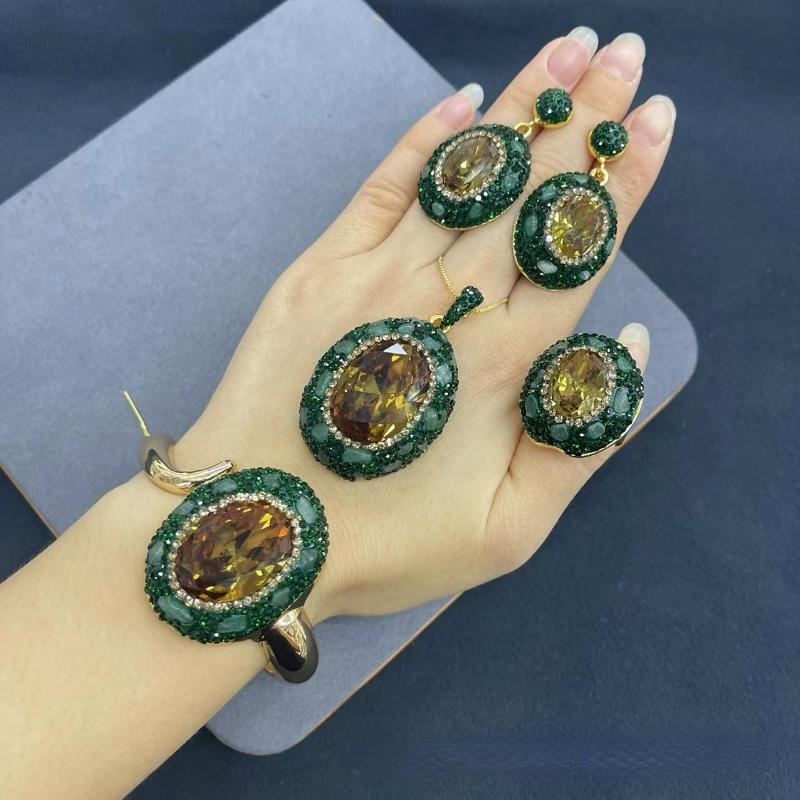 Natural Turkish Color-changing Stone Set with Green Rhinestone 4-piece Jewelry Exquisite Fashion Women's Party Accessories