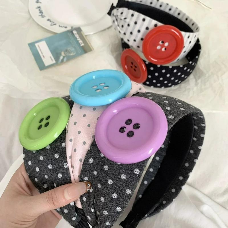 2026 Vintage Colorful Big Button Polka Dot Hairband Fashion Y2K Wide Headband Sweet Girl Hair Ornament for Party Streetwear Band