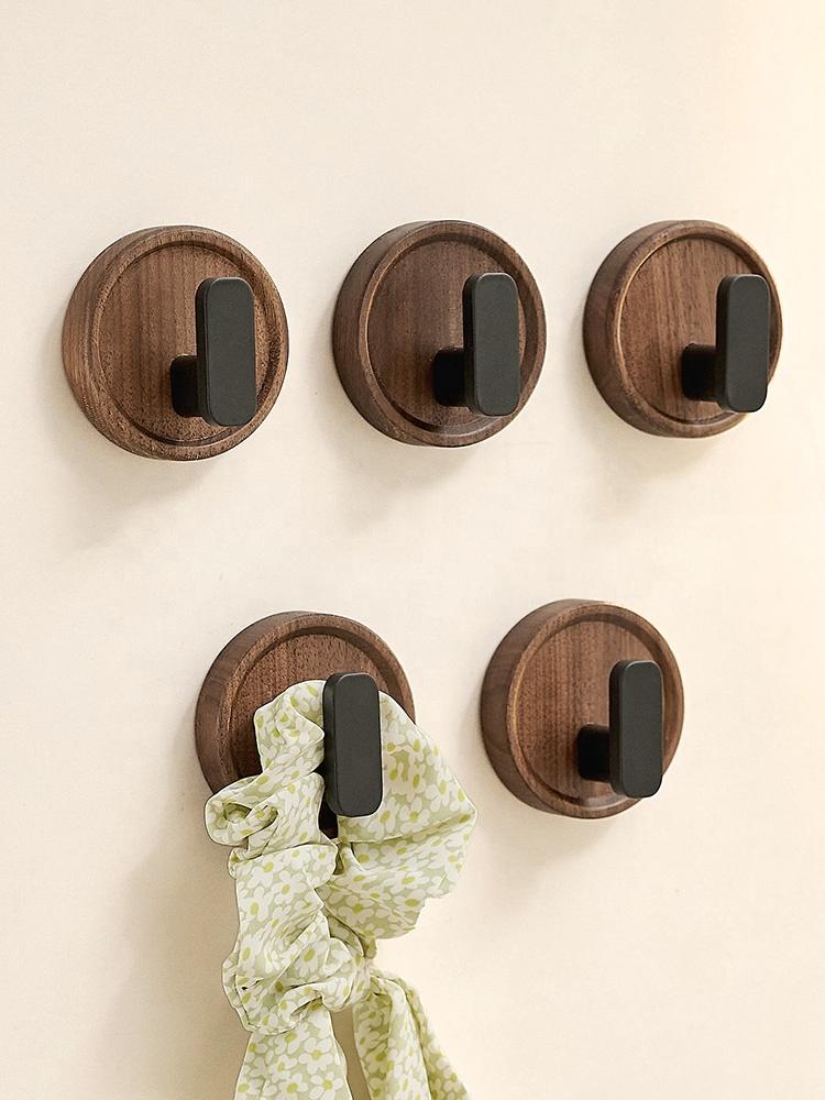 Walnut Wood Coat Rack Hooks Black Wall Hangers for Keys Clothes Bathroom Robe & Towels Entryway Organization Without Drilling