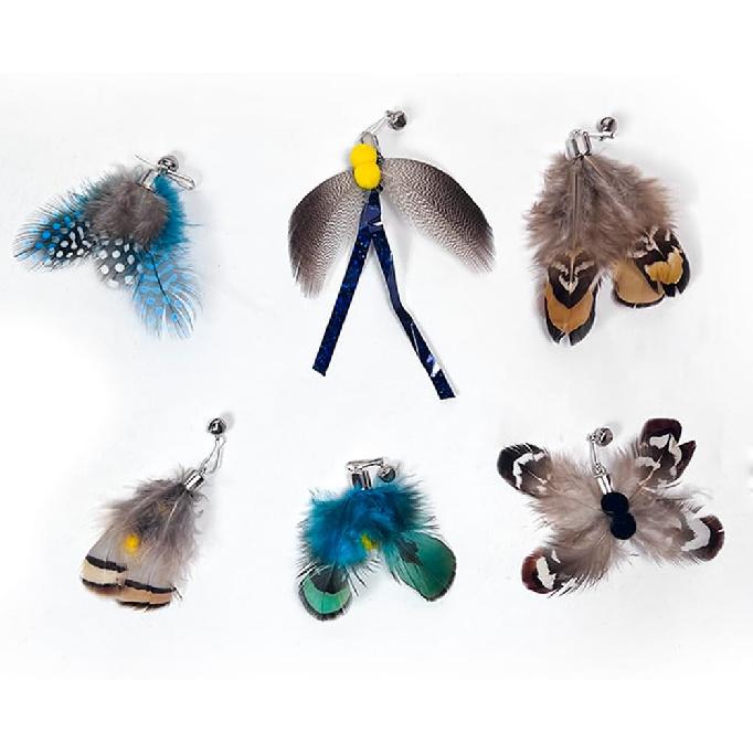 Cat ect Feather Toy Wand Replacement,Cat Toys Feather Refills,Set of 6 Replacement Heads with Bells,Natural Feather Interactive Cat Toys (Style A)