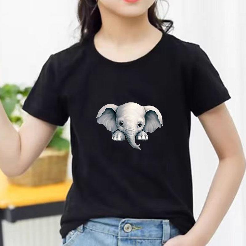 Kids Cotton T Shirt Cute Peeking Little Elephant Print Crew Neck Short Sleeve Tee Casual Breathable Boys Girls Summer Tops