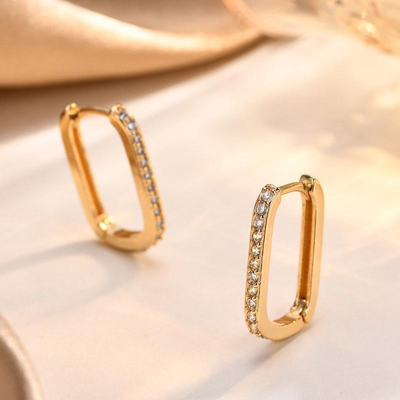 Women Trendy Gold Plated Copper Cubic Zirconia Row Huggies, Chic Rectangle Geometric CZ Stone Hoop Earrings