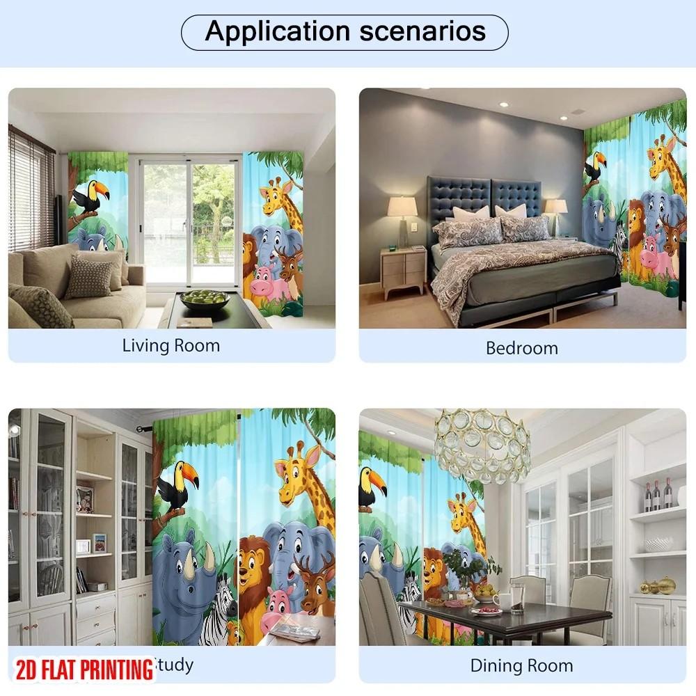 Set Of 2 Jit Cartoon Animals Printed Curtains Polyester Kids Room Window Decor Curtain Darkening With Rod Pocket Ideal For