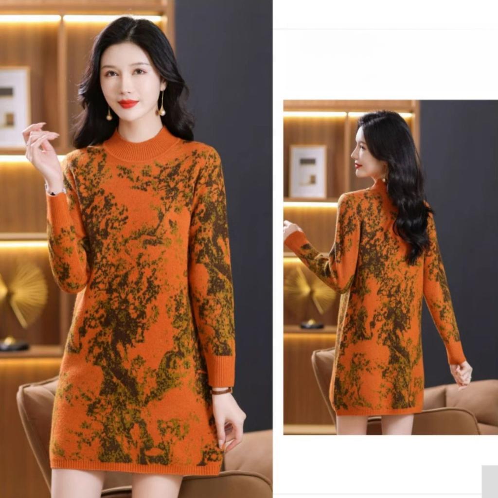 Mid-length Knitted Dress Loose Large-sized Floral Mid-length Sweater for Women Autumn and Winter Casual Long-sleeved Pullover