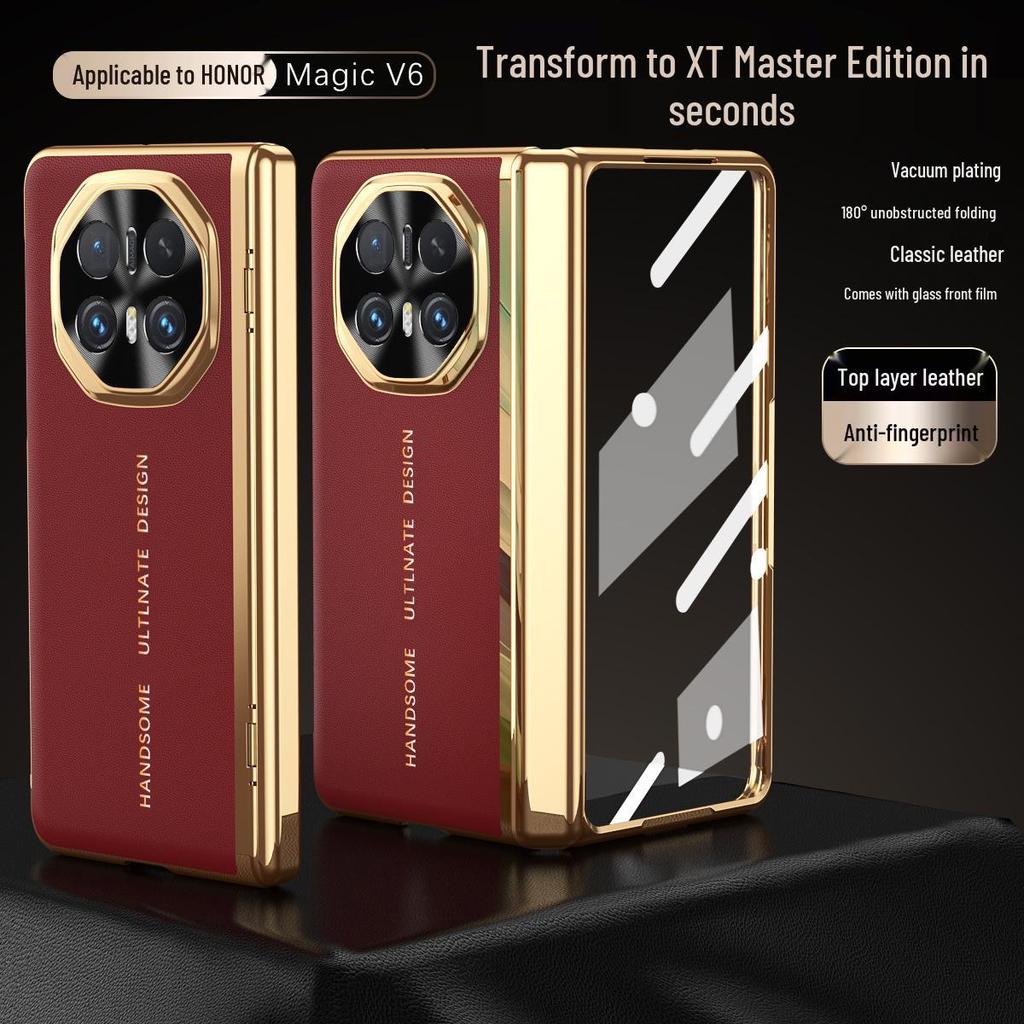Honor Magic V6 Foldable Case: Built-in Glass Screen, Vacuum-Plated, Plain Leather, Full Coverage, Men’s Design