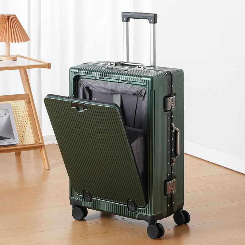 Front Opening Multifunctional Rolling Aluminum Frame Laptop Luggage with Spinner Wheels - Carry On Travel Suitcase with Combination Lock for Men Women
