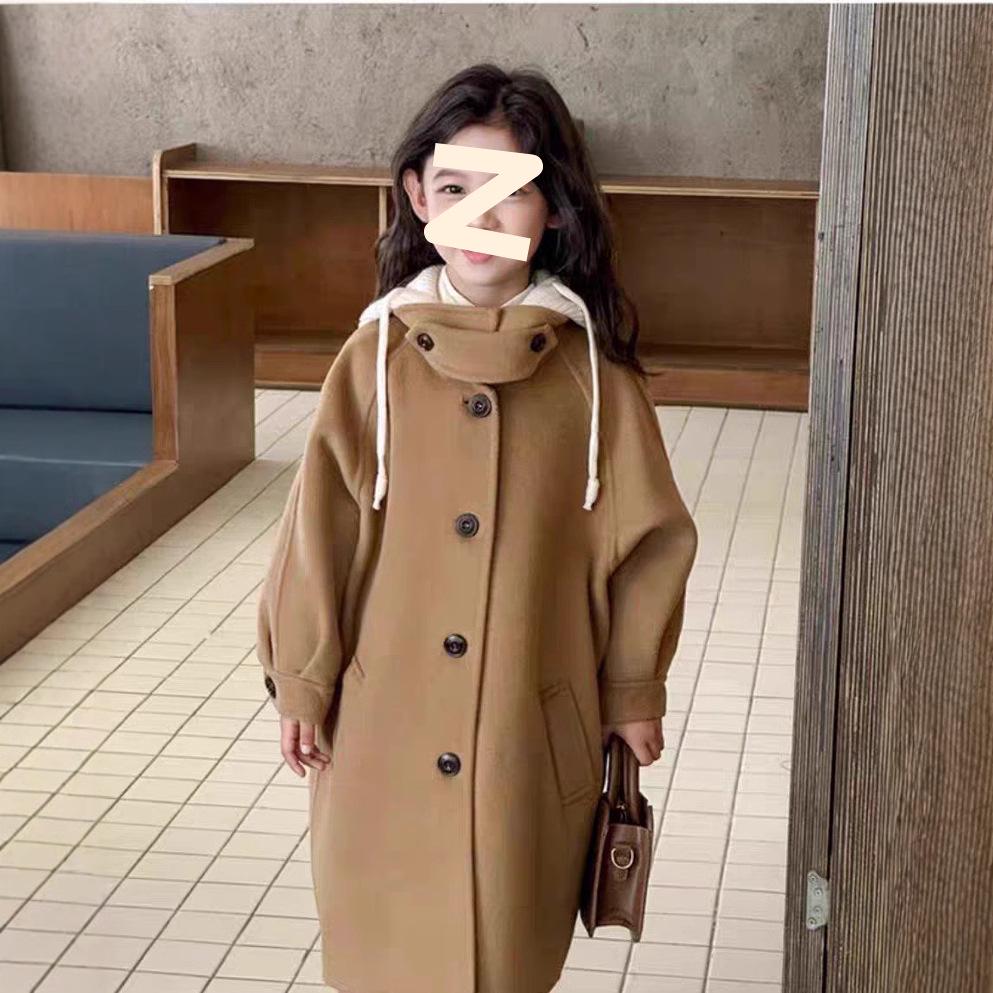 "2024 Girls' Medium/Large Woolen Winter Coat: Korean-Style Loose Cardigan Windbreaker"