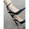 Temperament black satin one-word buckle with bag head sandals women's thin heels pointed high heels