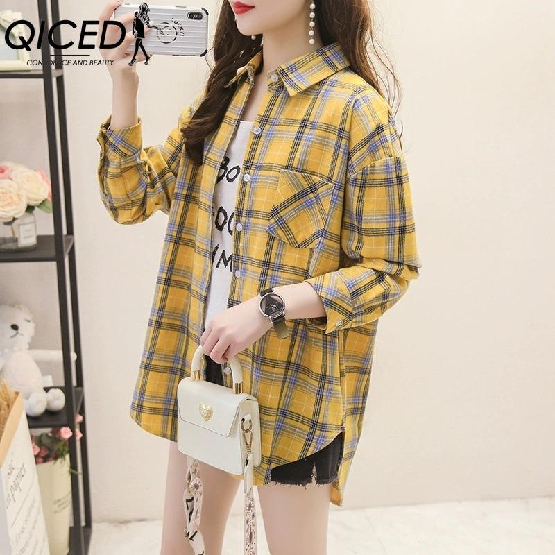 

QICED Женские модные повседневные блузки и рубашки с длинным рукавом и воротником ПОЛО L жёлтый